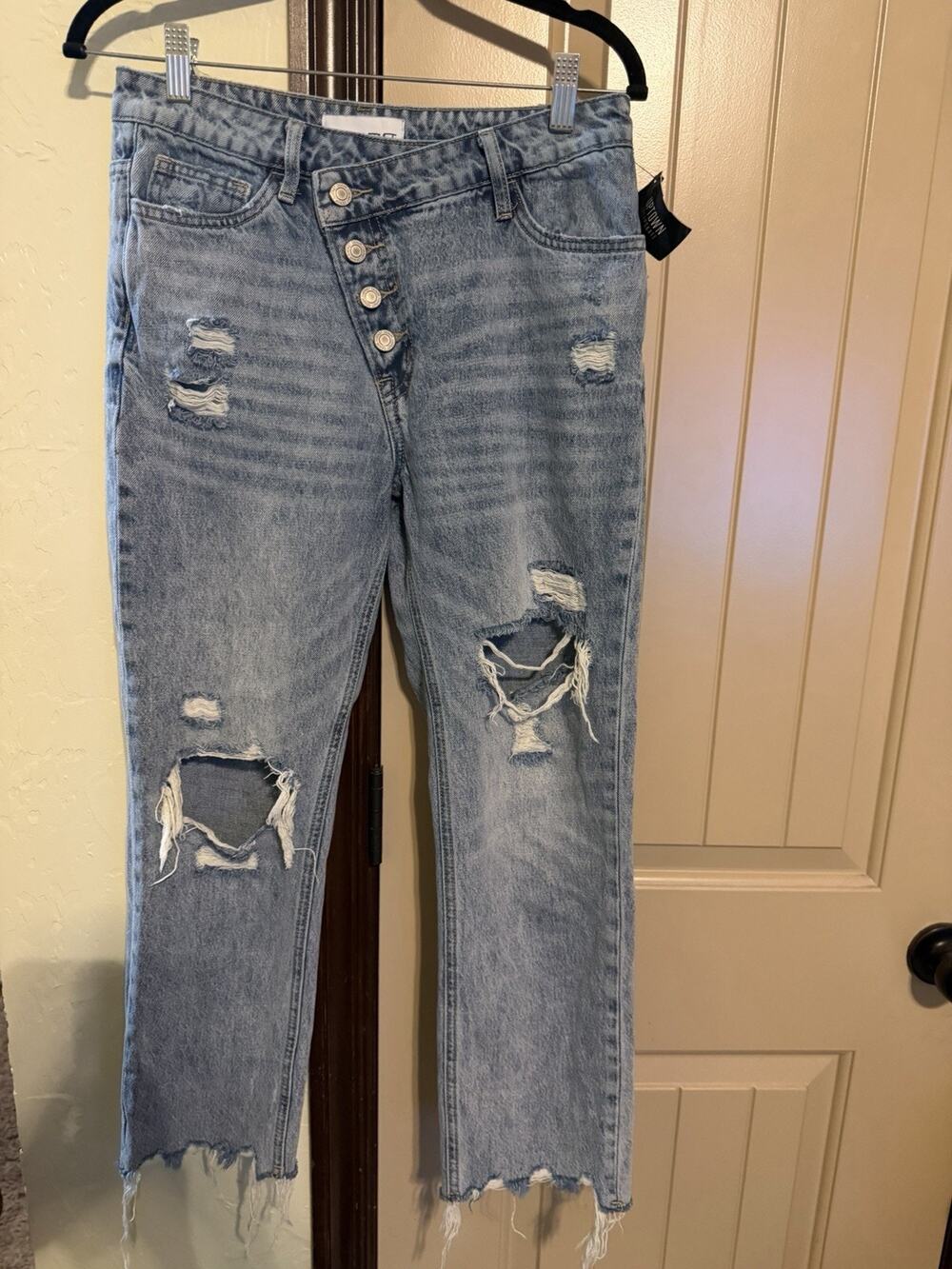Vervet Women's Blue Distressed Jeans, Size 26, Fringed Bottom, Button Closure